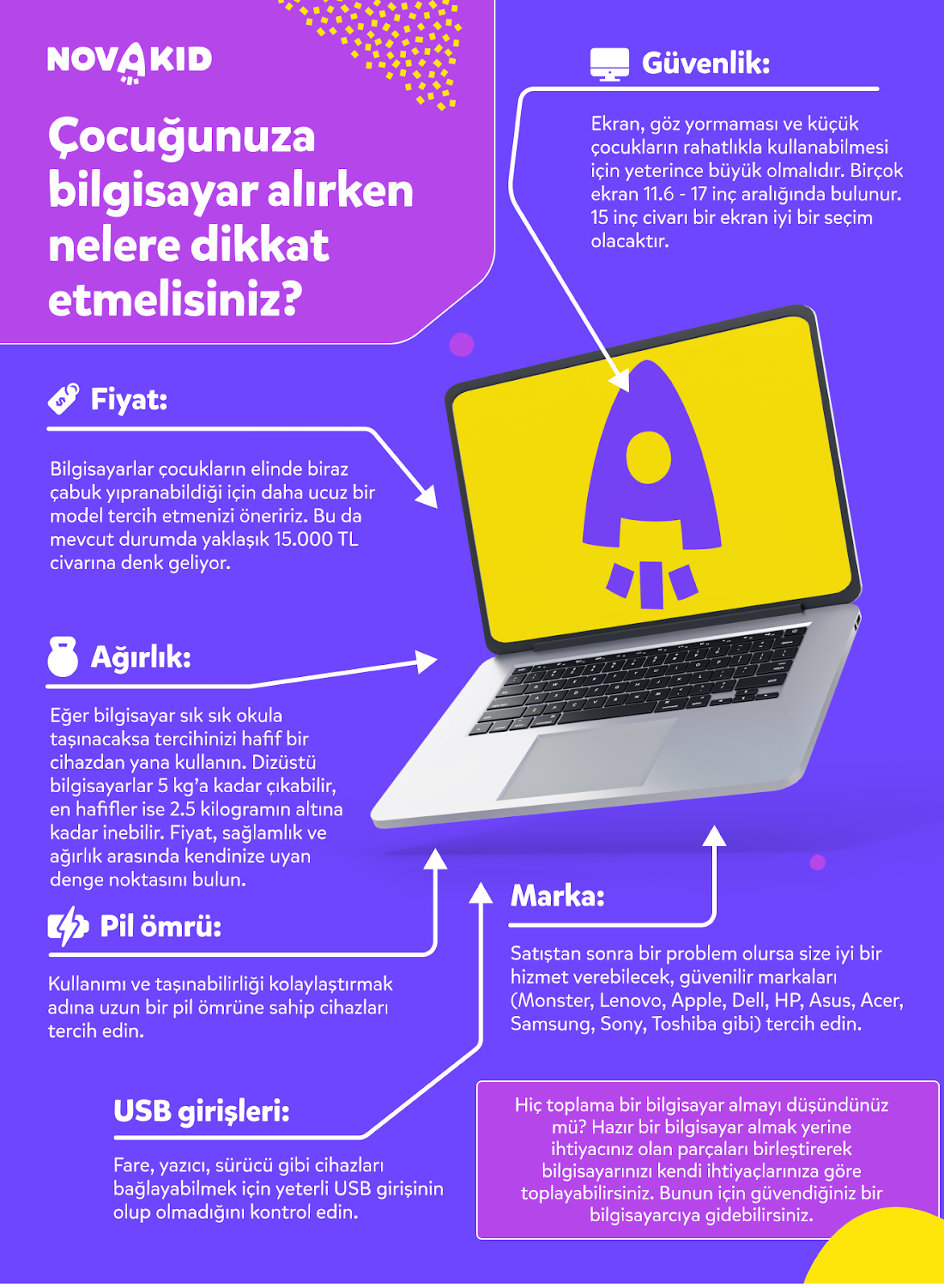 Güvenlik, Fiyat, Ağırlık, Pil ömrü, Marka, USB girişleri, Çocuğunuza bilgisayar alırken nelere dikkat etmelisiniz?, infografik