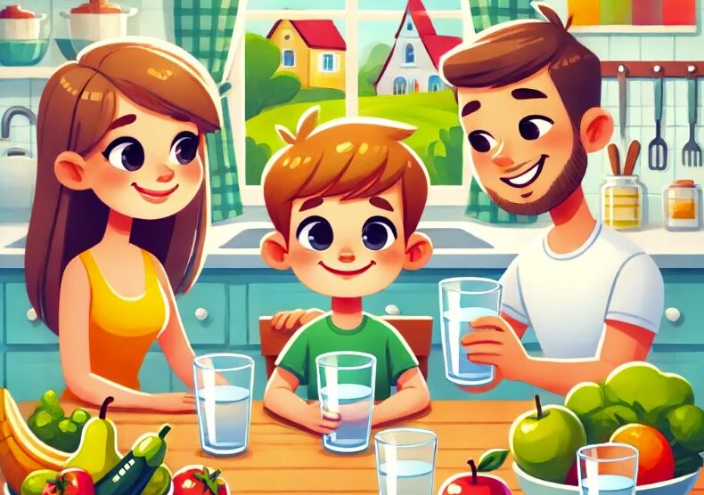 Aile yemek yiyor ve su içiyor