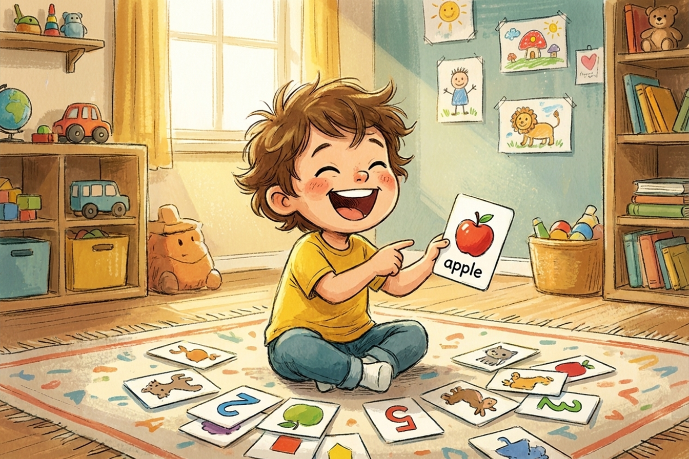 Çocuk flashcardlarla İngilizce öğreniyor