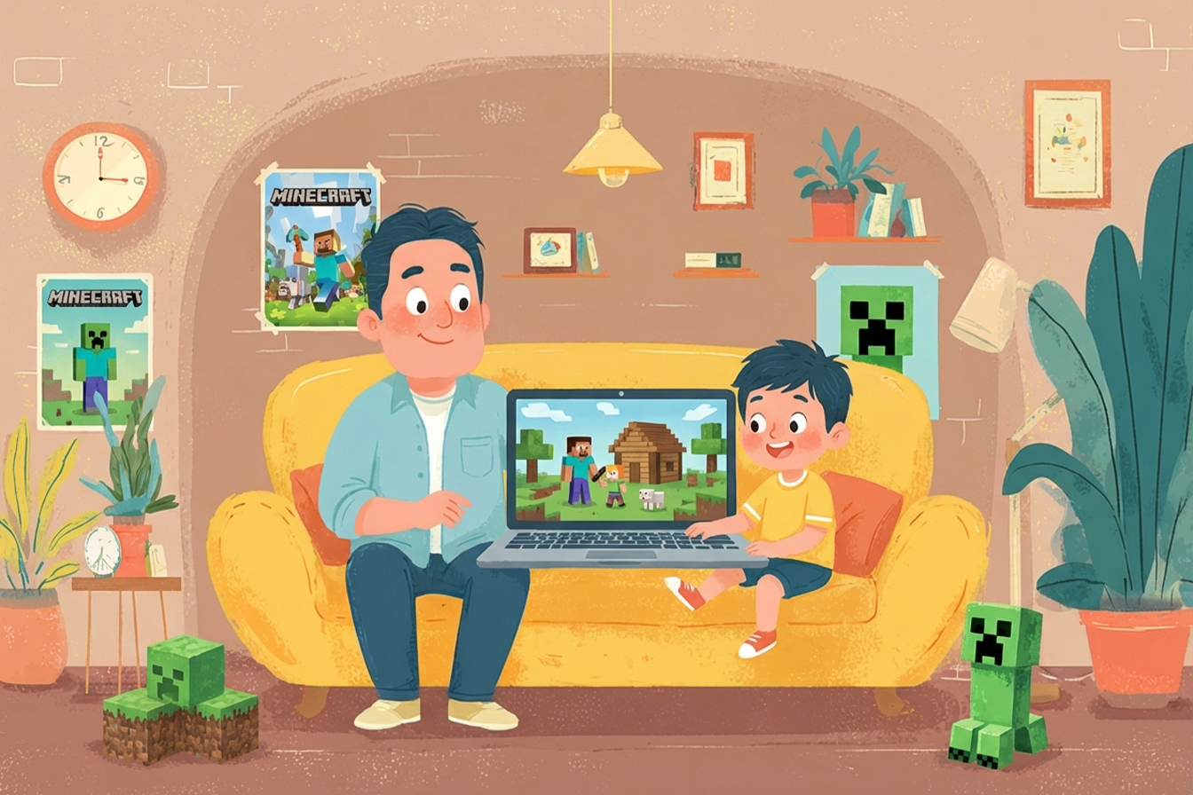 Minecraft oynayan ebeveyn ve çocuk